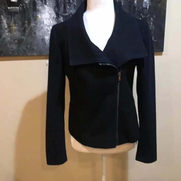 Ann Taylor Wool Blend Black & Navy Blue Cropped Asymmetrical Zip Jacket-Size 2 - Picture 1 of 15